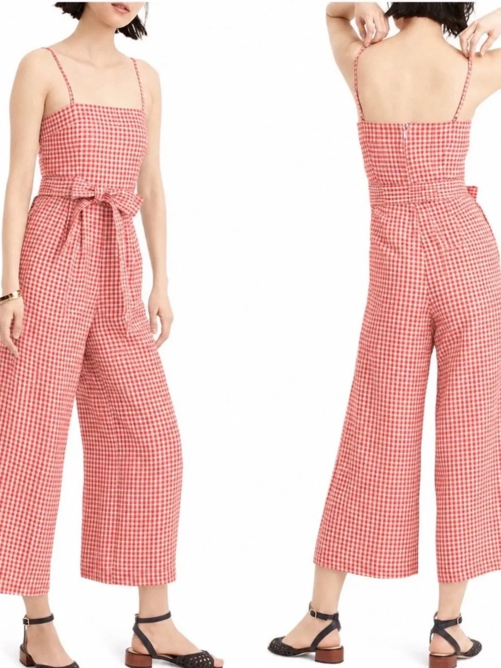 J. Crew Linen Gingham Print Tie Waist Wide Leg Spaghetti Strap Jumpsuit 8